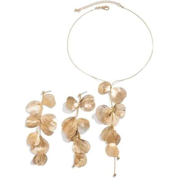 Romantic Bohemian Long Tassel Y Gold Tone Ginkgo Leaf Necklace & Earring Set - Picture 1 of 8